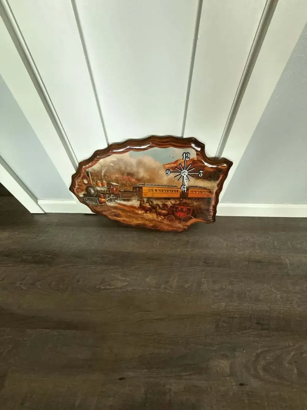 Western Arrowhead Shaped Wooden Wall Clock w/Steam Train & Horse Carriage Scene
